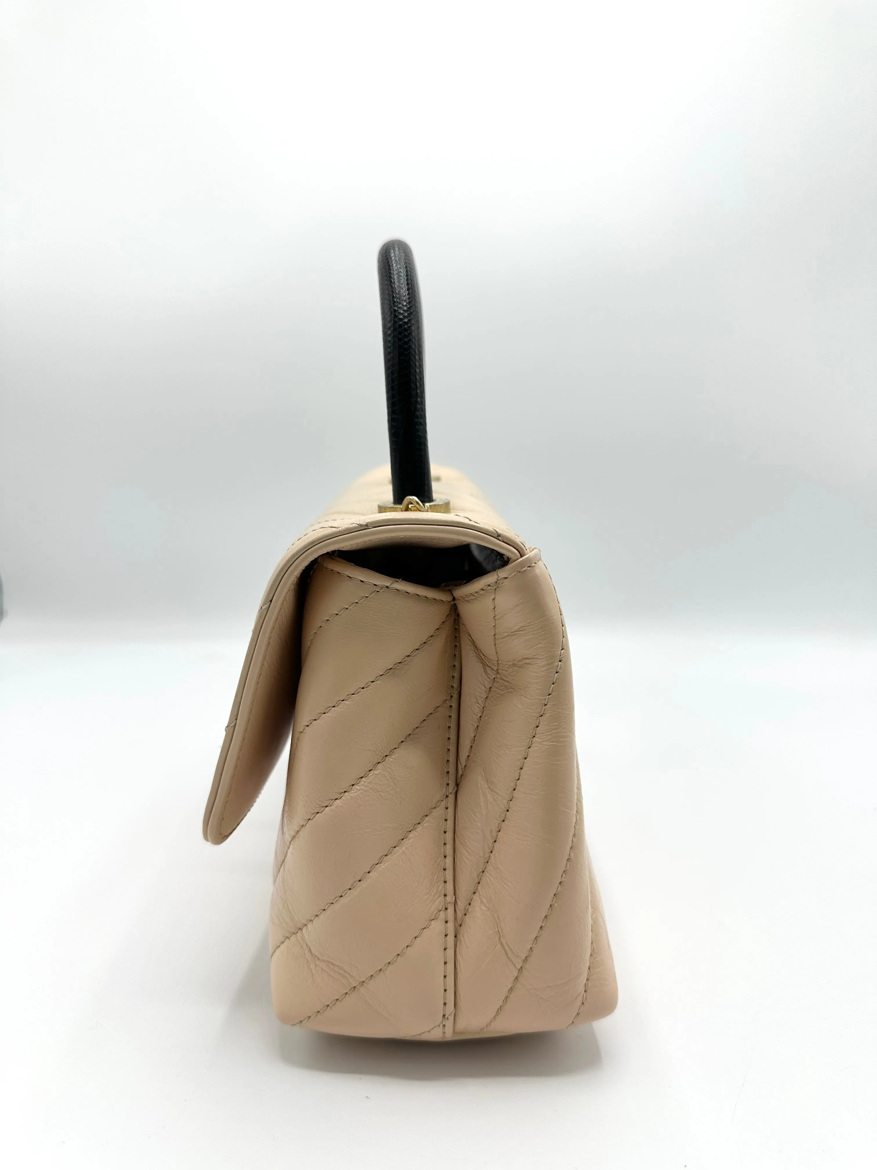 Beige Distressed Chevron Black Lizard Coco Top Handle