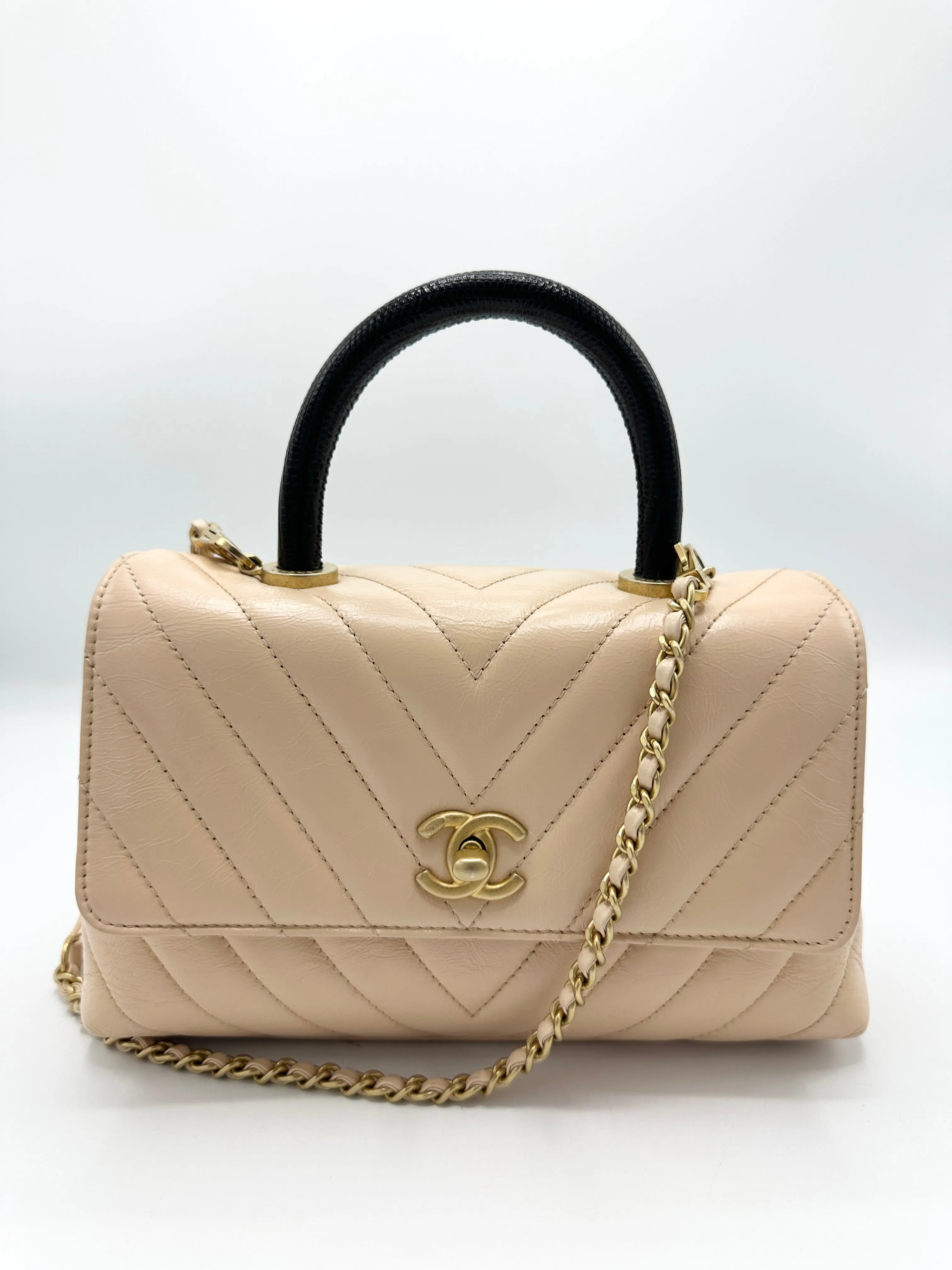 Beige Distressed Chevron Black Lizard Coco Top Handle