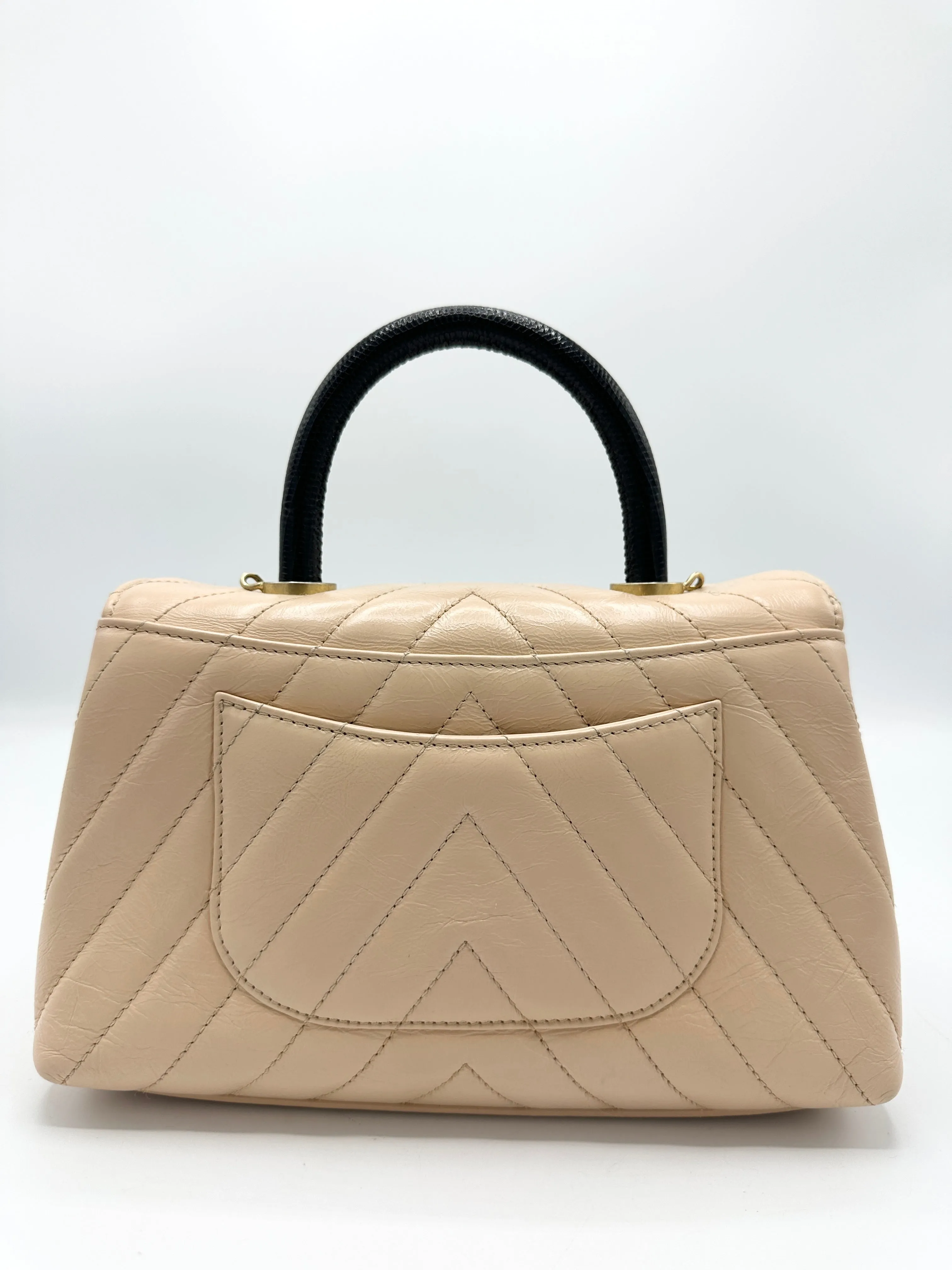 Beige Distressed Chevron Black Lizard Coco Top Handle