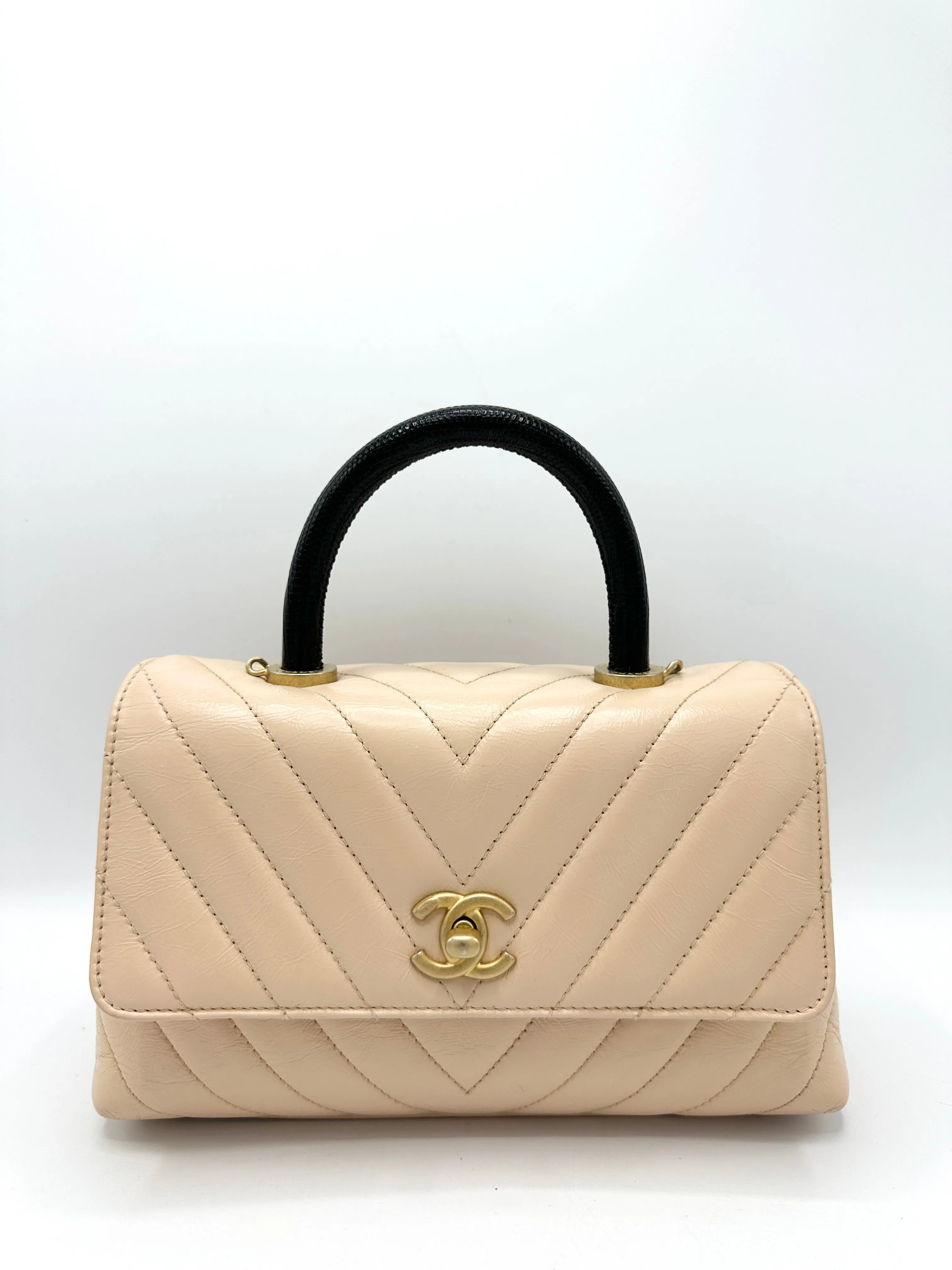 Beige Distressed Chevron Black Lizard Coco Top Handle