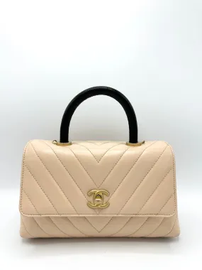Beige Distressed Chevron Black Lizard Coco Top Handle