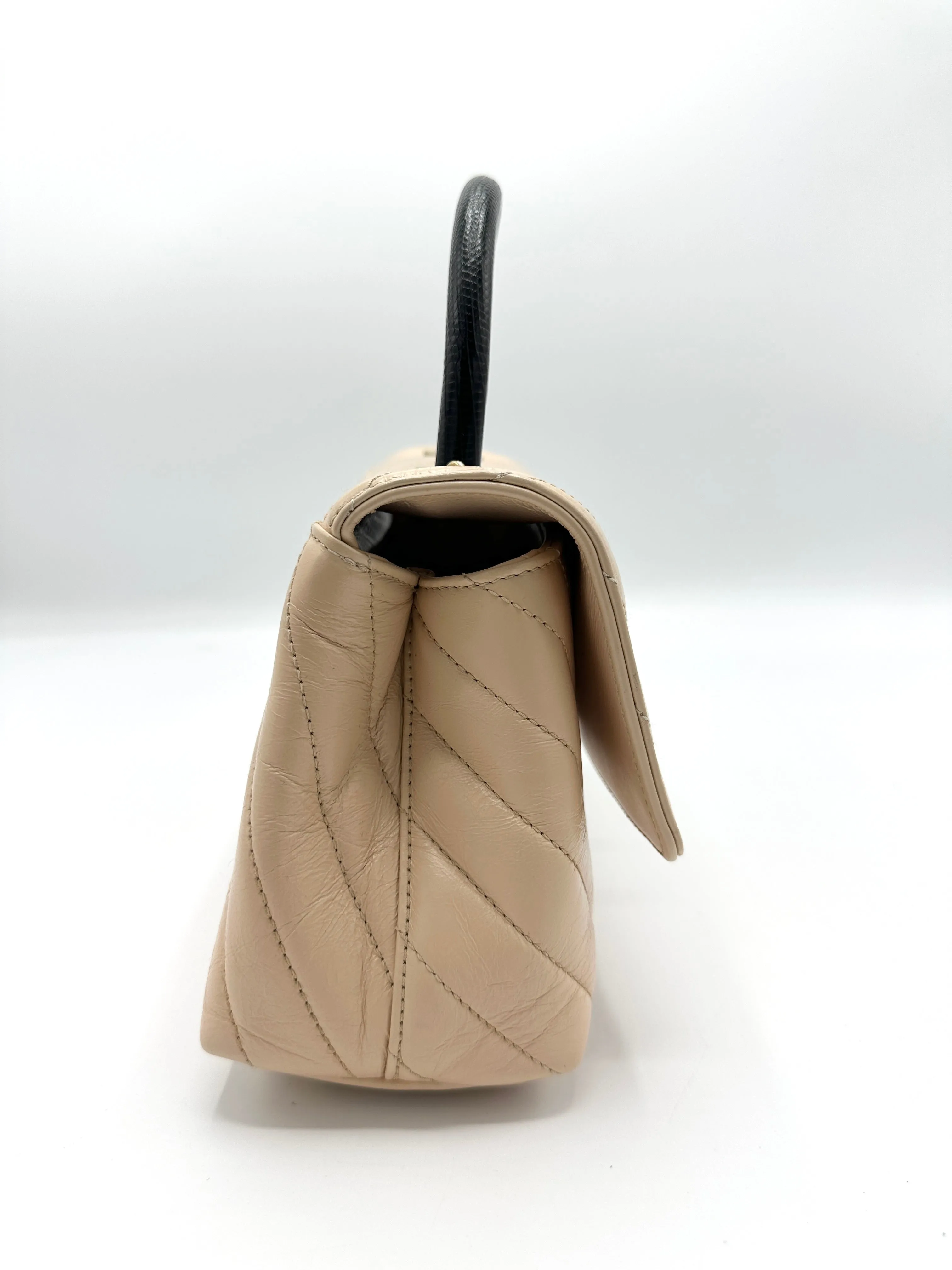 Beige Distressed Chevron Black Lizard Coco Top Handle