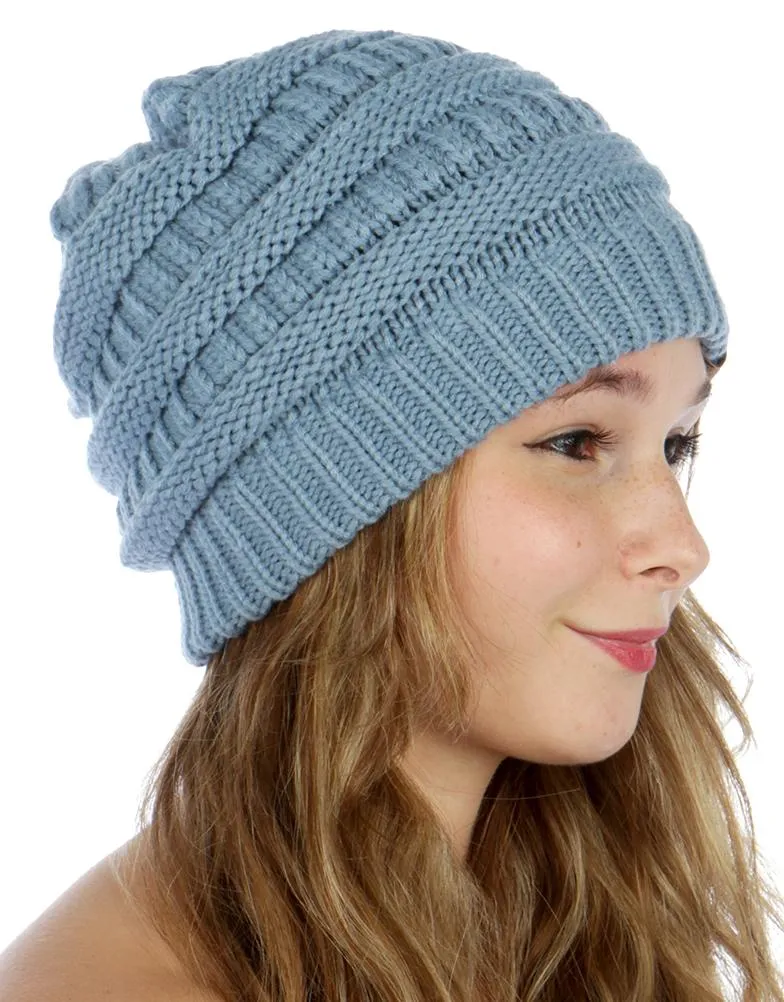 Blue Solid Slouchy Knit Beanie Hat