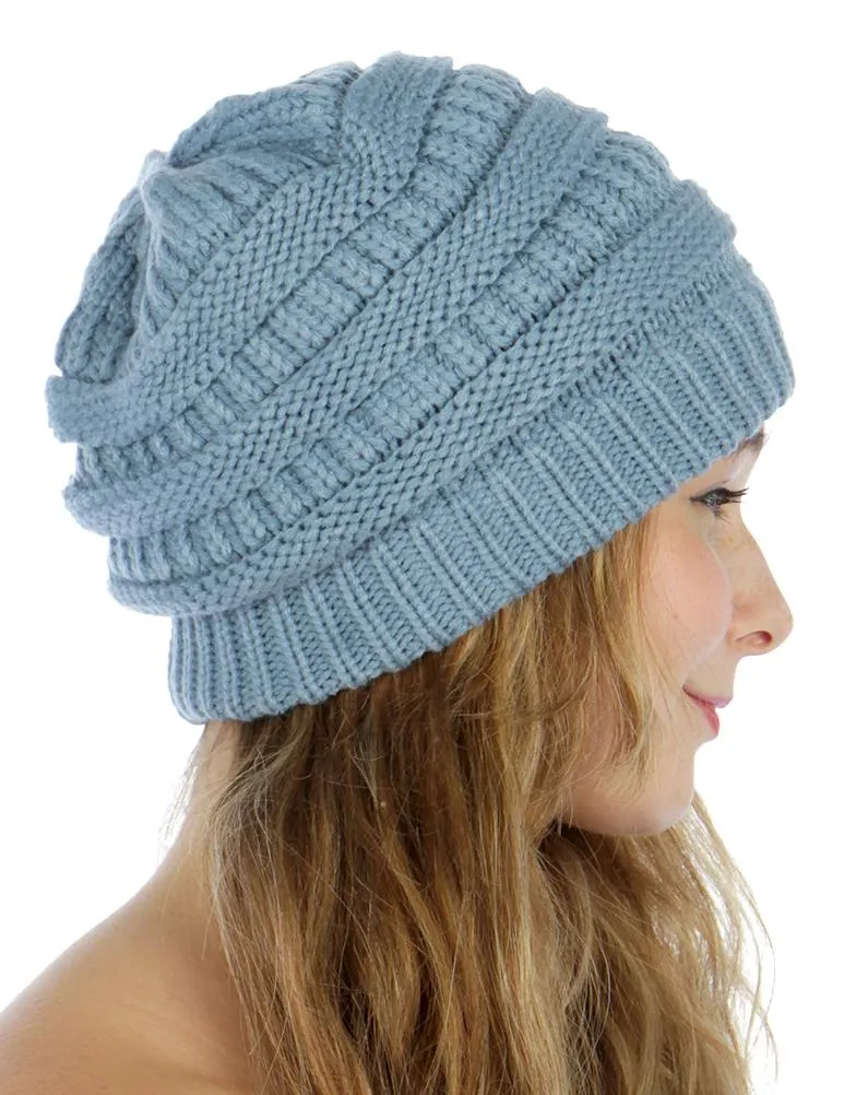 Blue Solid Slouchy Knit Beanie Hat