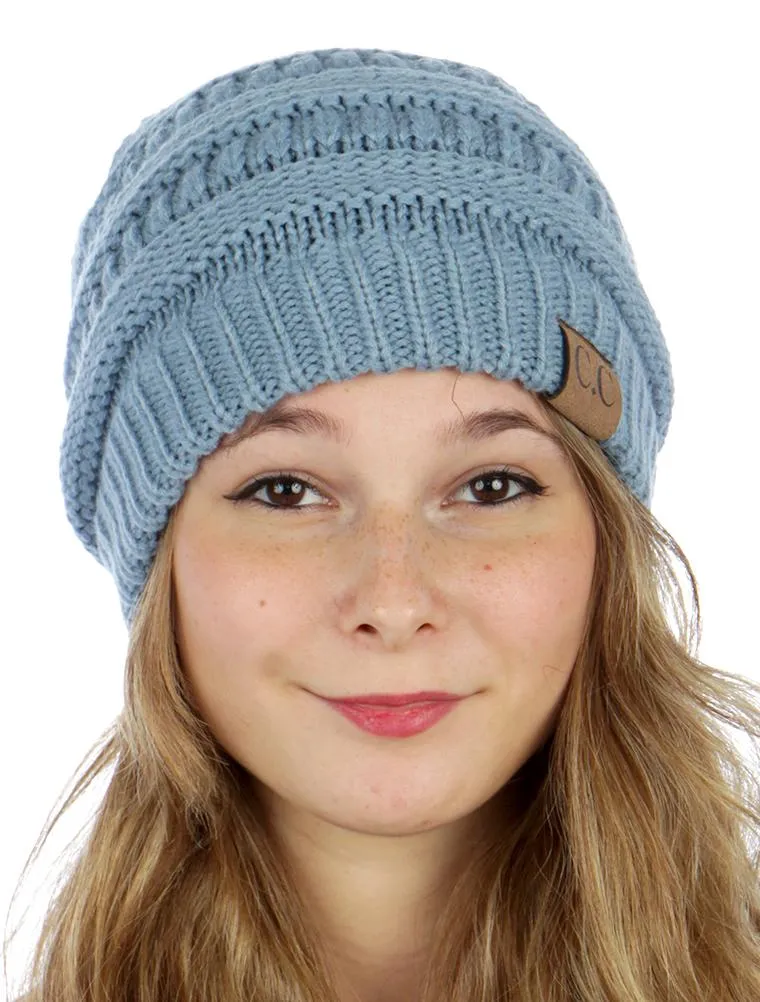 Blue Solid Slouchy Knit Beanie Hat