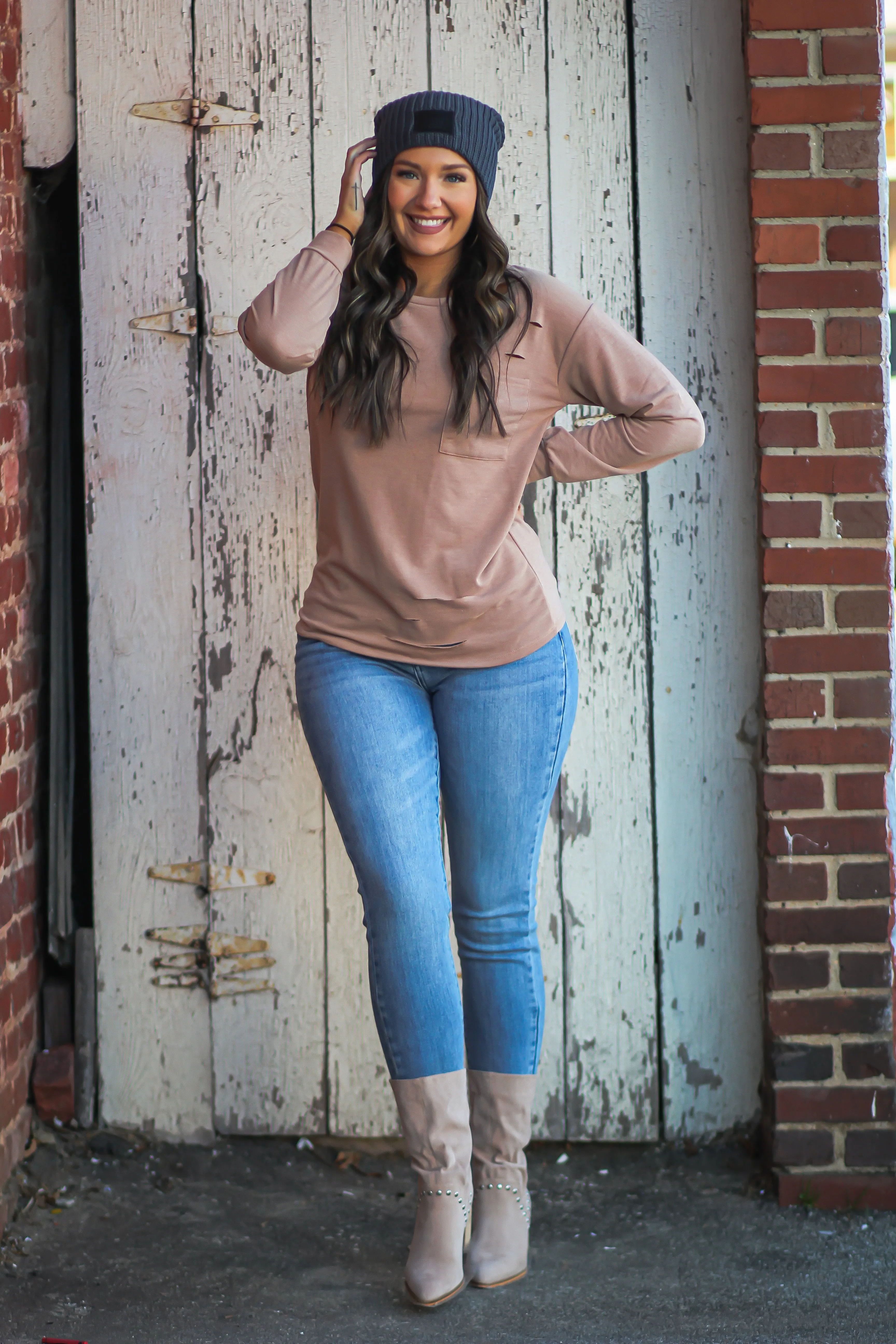 Camel Distressed Front Pocket Top