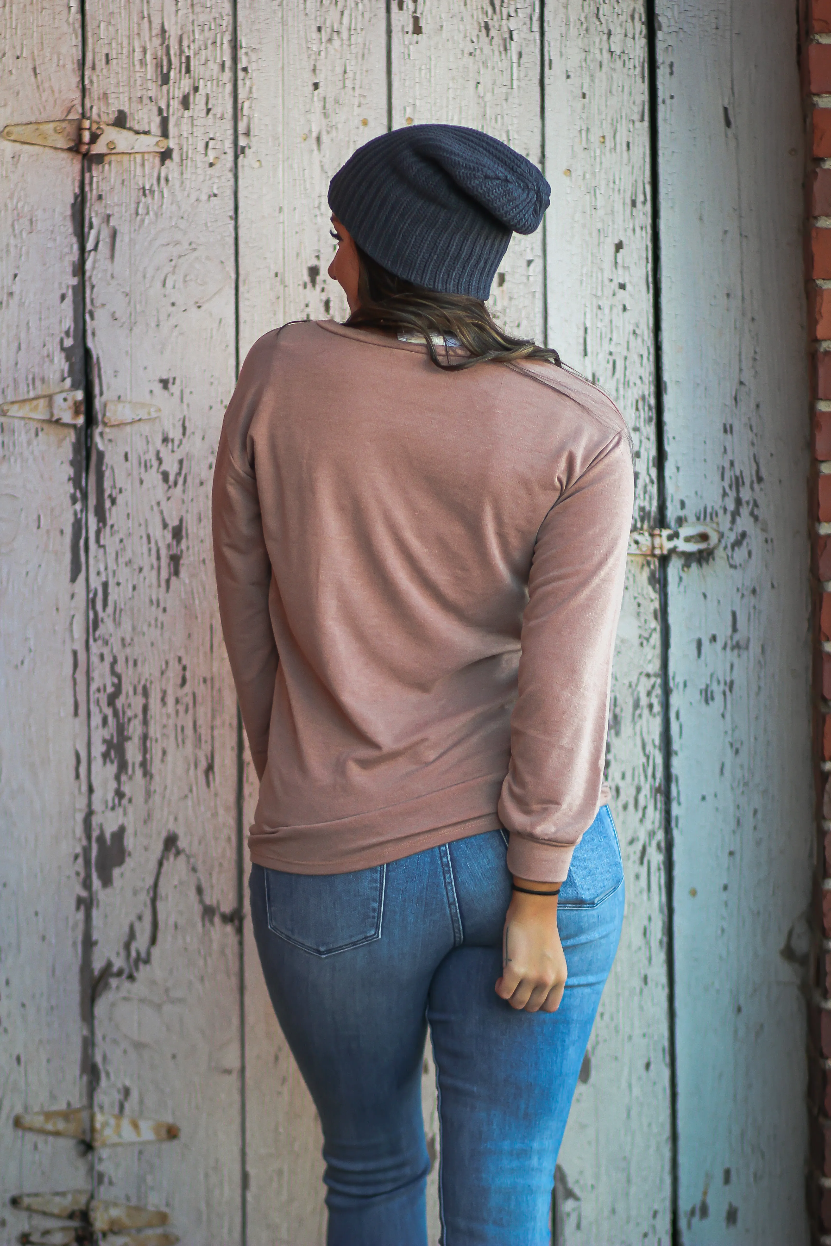 Camel Distressed Front Pocket Top