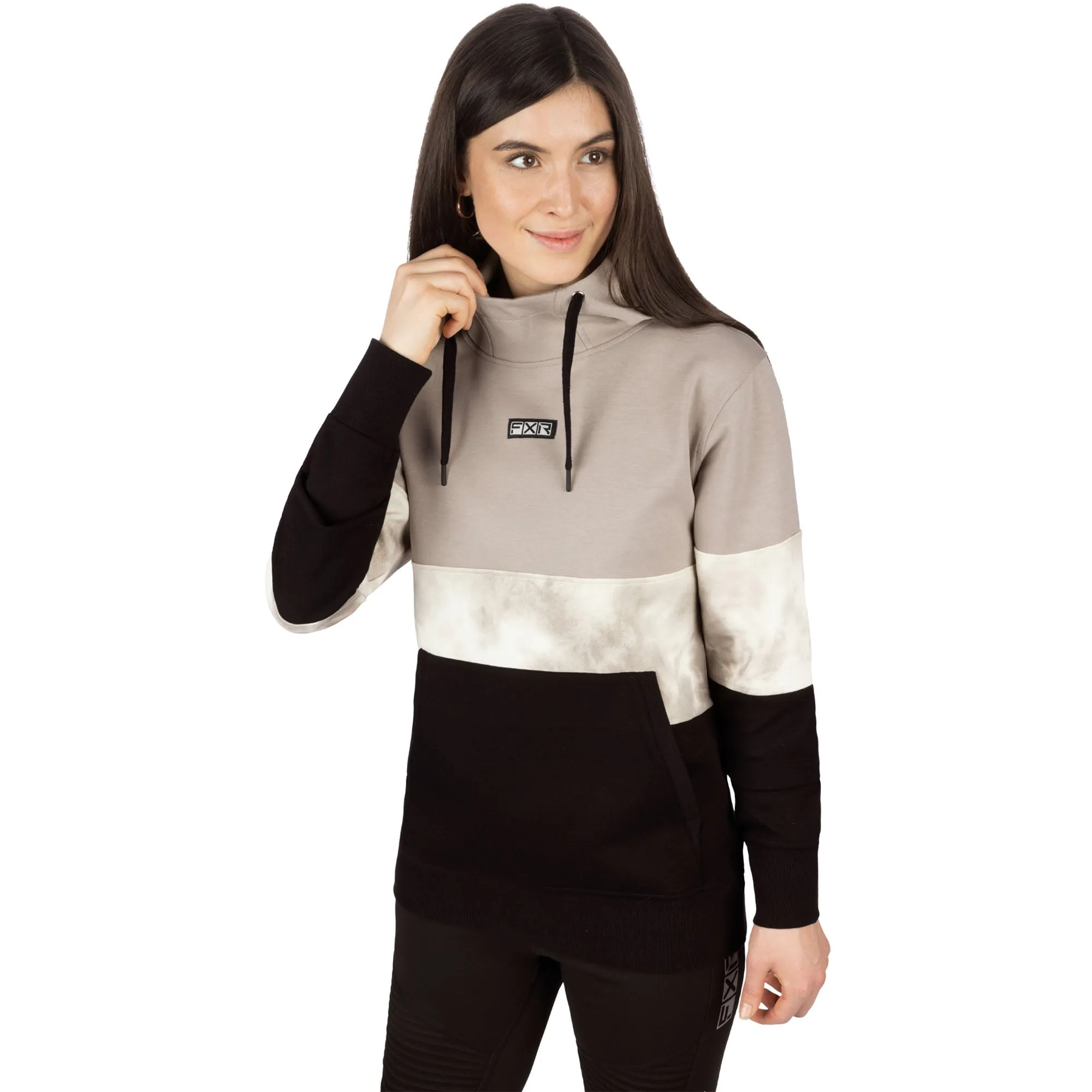 FXR  Womens Stripe Pullover Hoodie Heavyweight Zippered Phone Pocket Black Stone