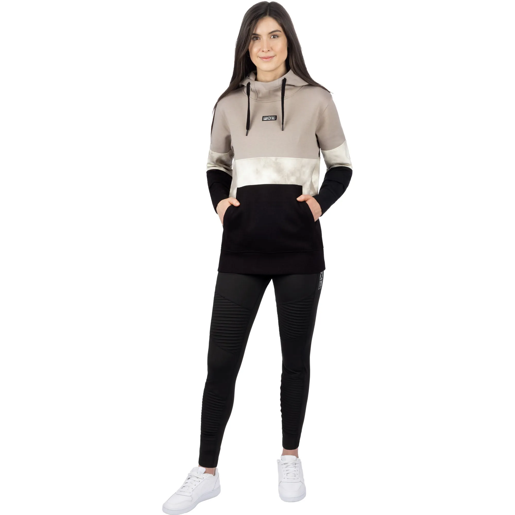 FXR  Womens Stripe Pullover Hoodie Heavyweight Zippered Phone Pocket Black Stone