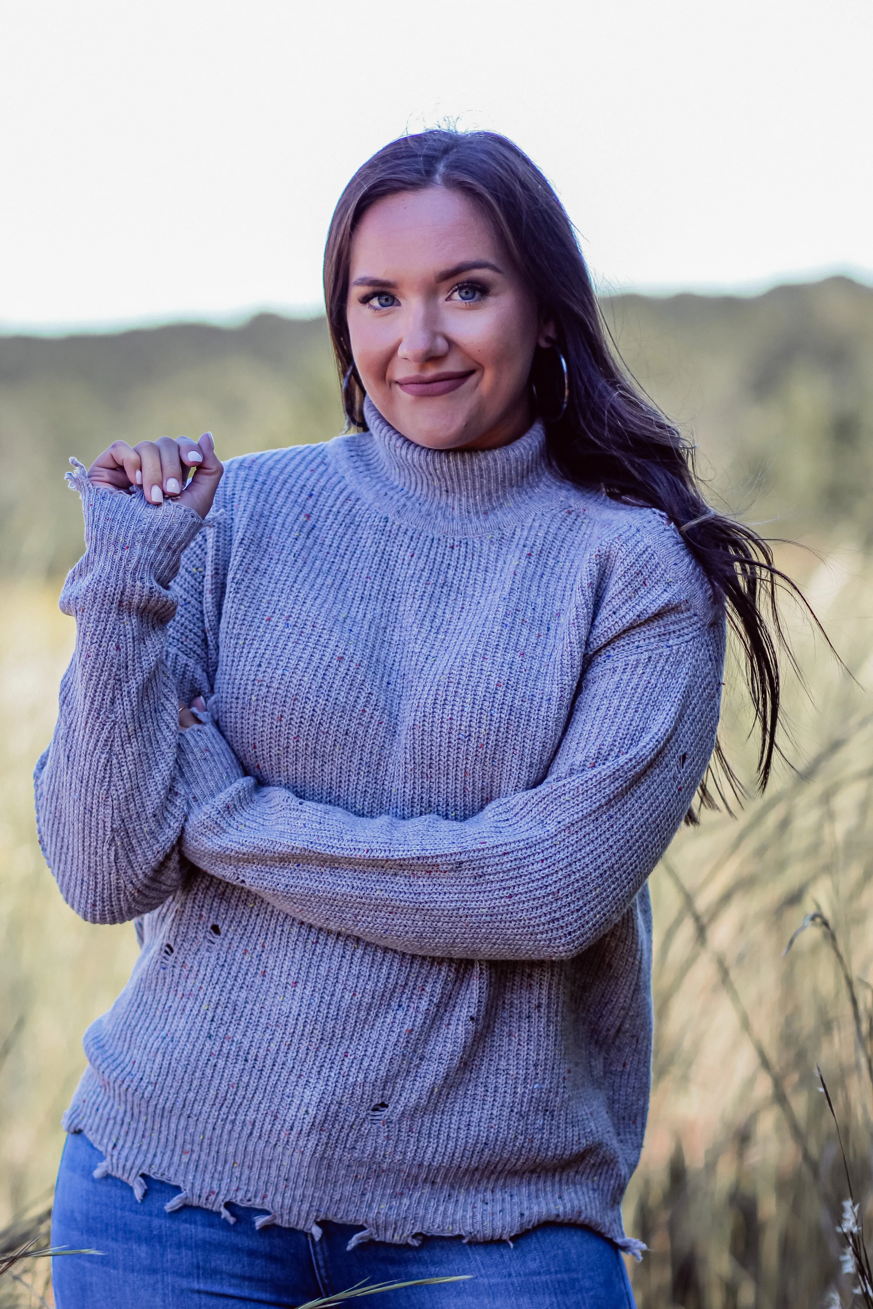 Heather Grey Distressed Multi Speckled Sweater