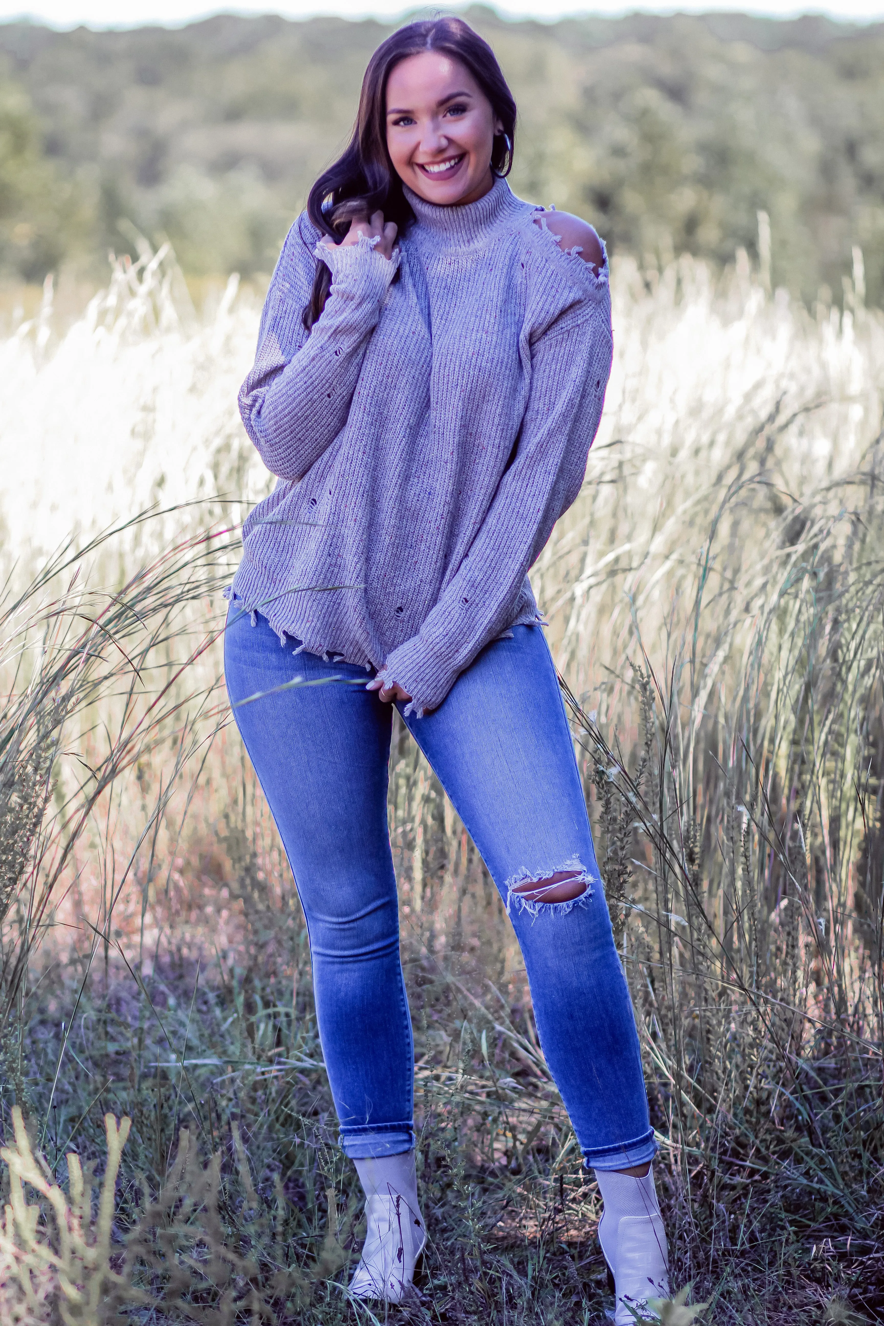 Heather Grey Distressed Multi Speckled Sweater