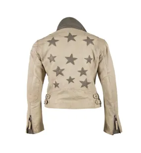 Mauritius - Christy RF Woman's Leather Jacket - Off White   Taupe Stars