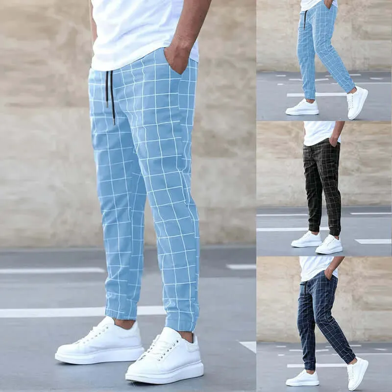 Men's Slim Fit Joggers: Grid Pattern, Elastic Waistband