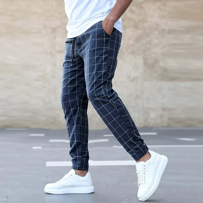 Men's Slim Fit Joggers: Grid Pattern, Elastic Waistband