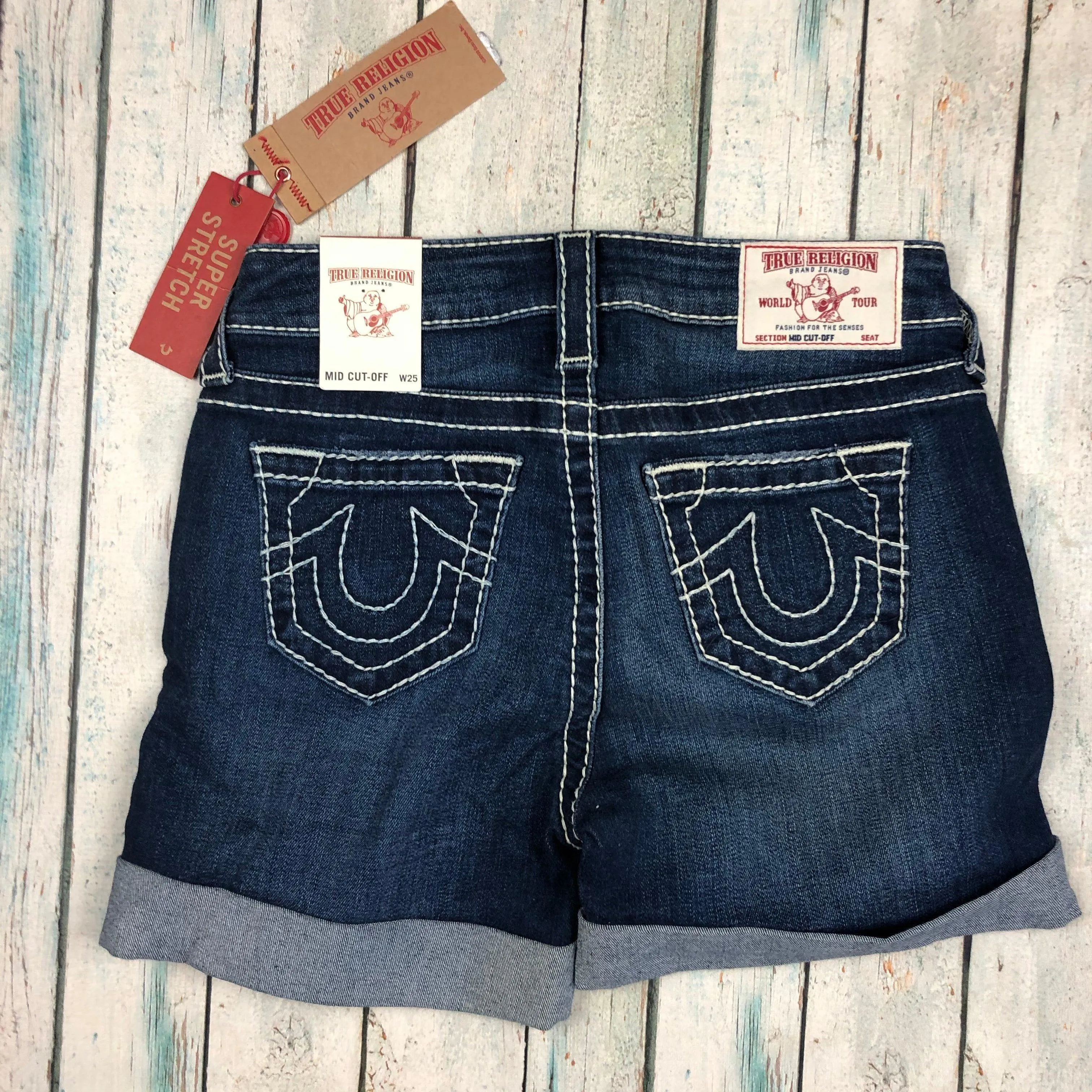 NWT -  True Religion 'Big T' Mid Cut-Off Jean Shorts RRP $335- Size 25