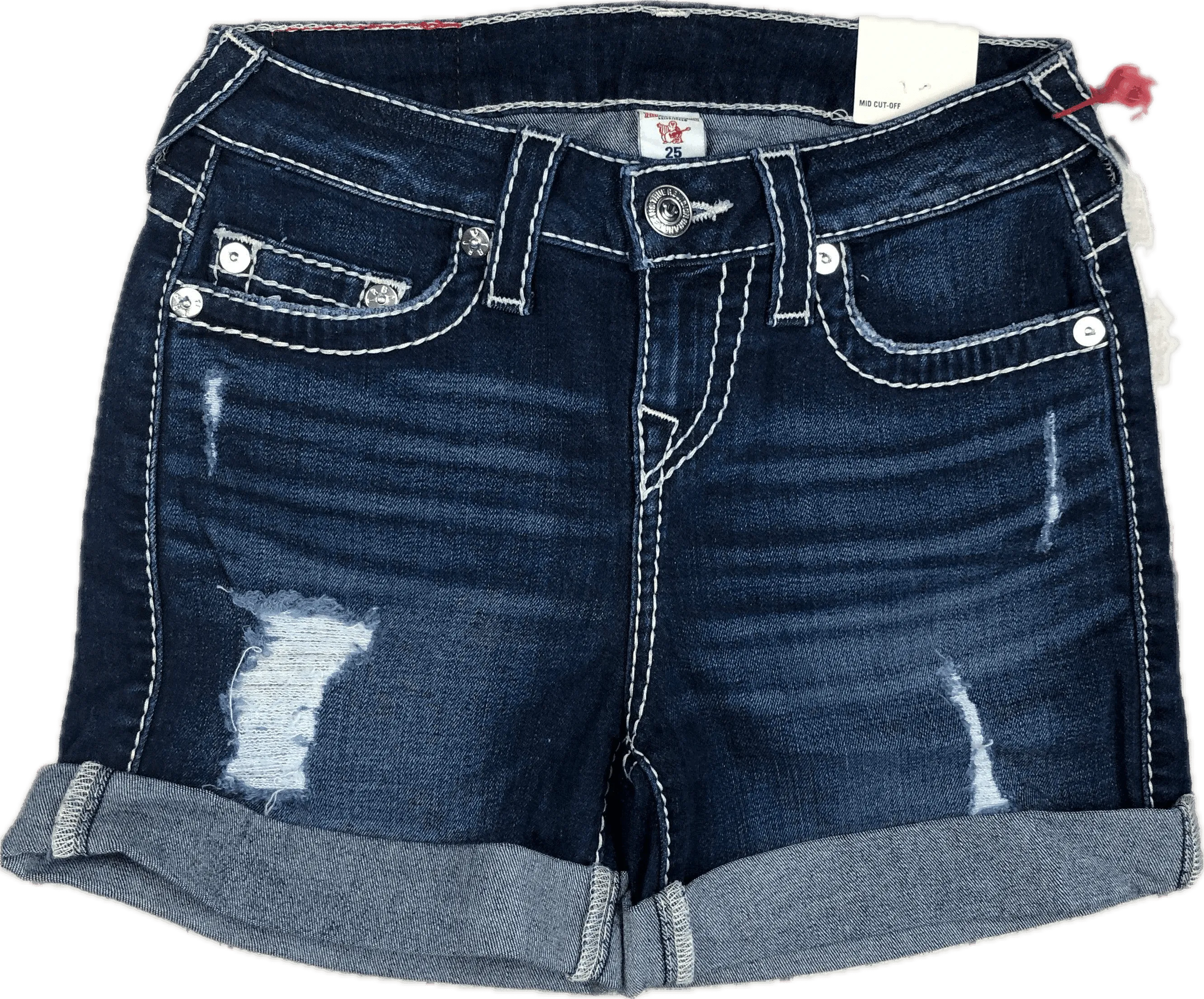 NWT -  True Religion 'Big T' Mid Cut-Off Jean Shorts RRP $335- Size 25