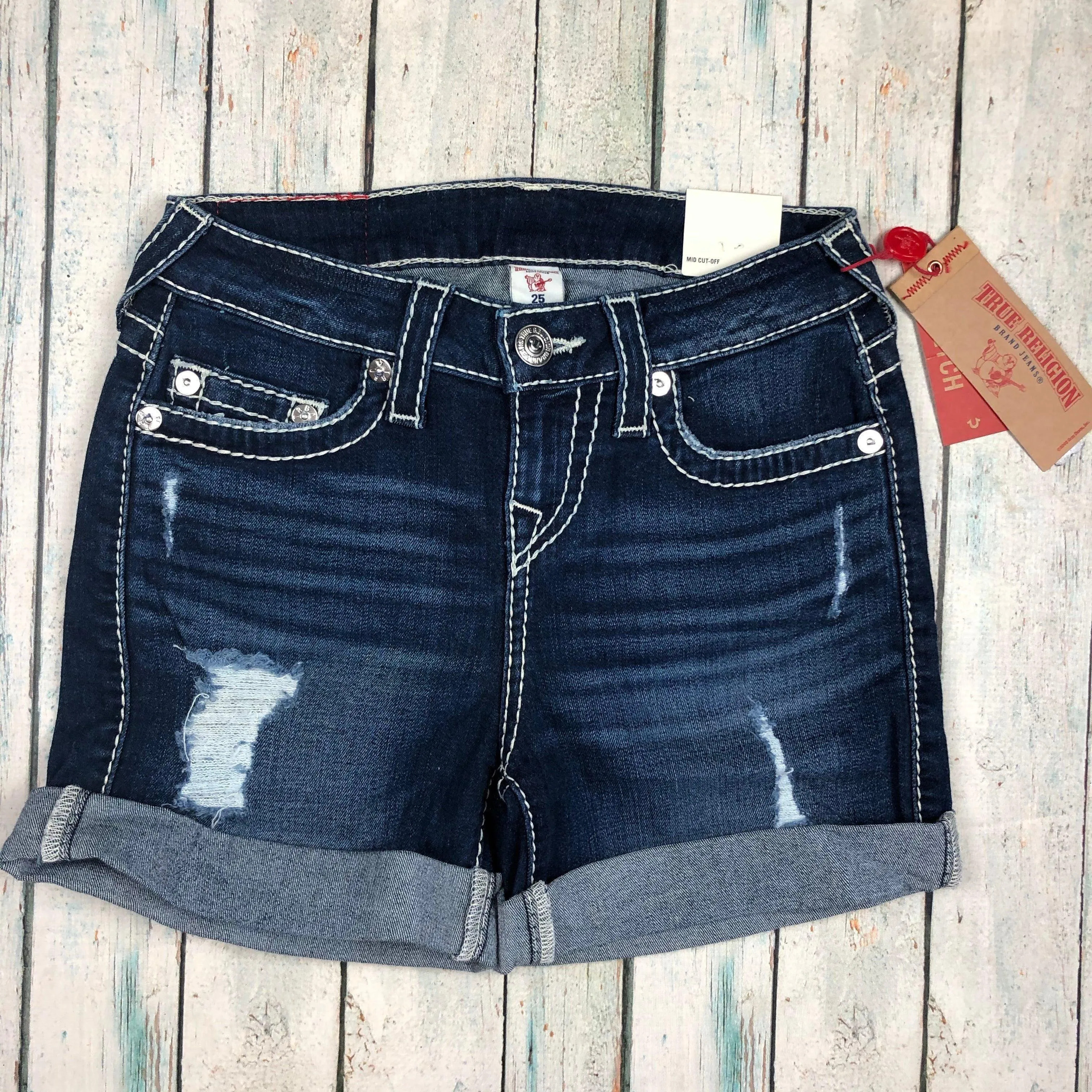 NWT -  True Religion 'Big T' Mid Cut-Off Jean Shorts RRP $335- Size 25
