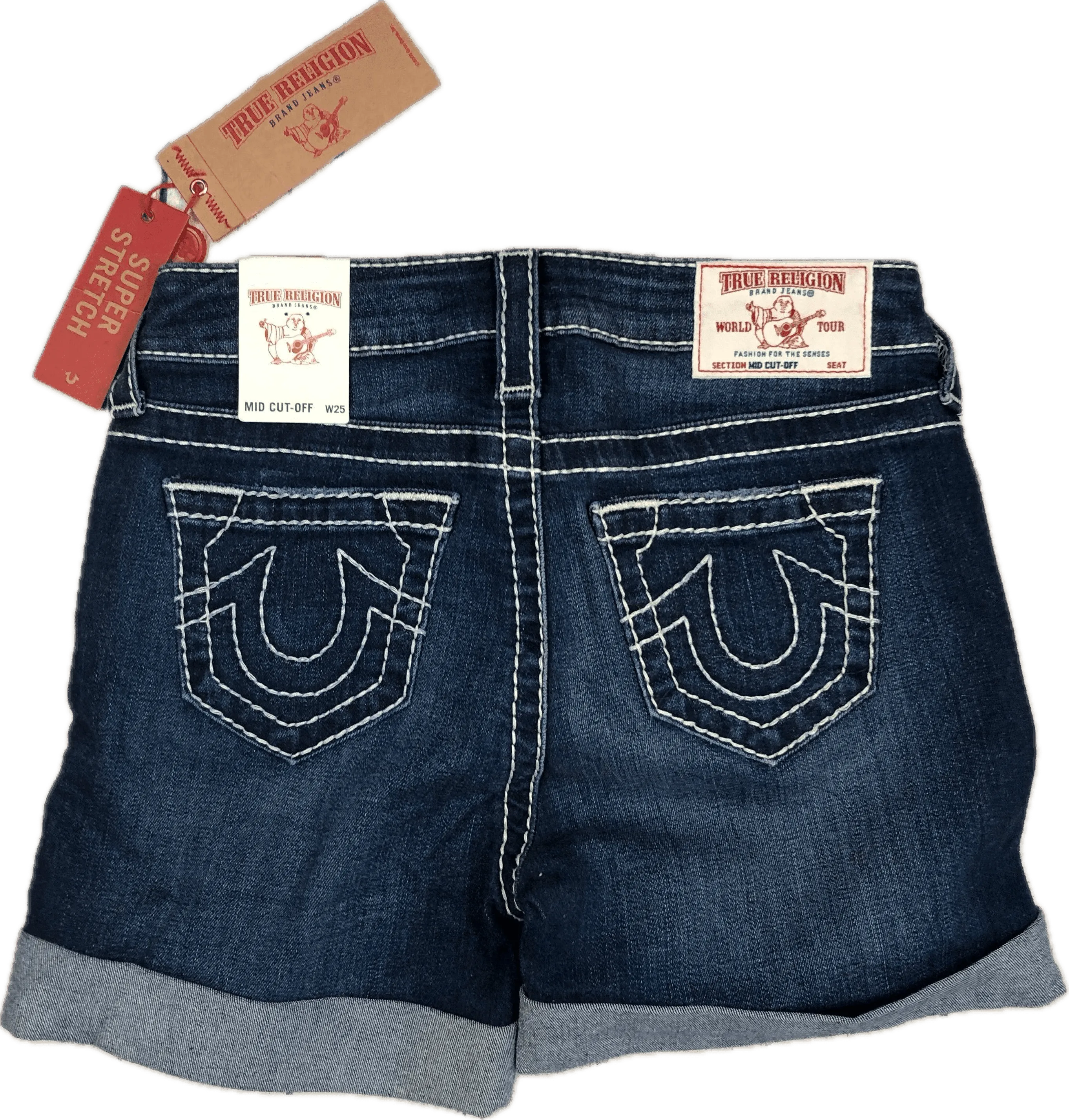 NWT -  True Religion 'Big T' Mid Cut-Off Jean Shorts RRP $335- Size 25