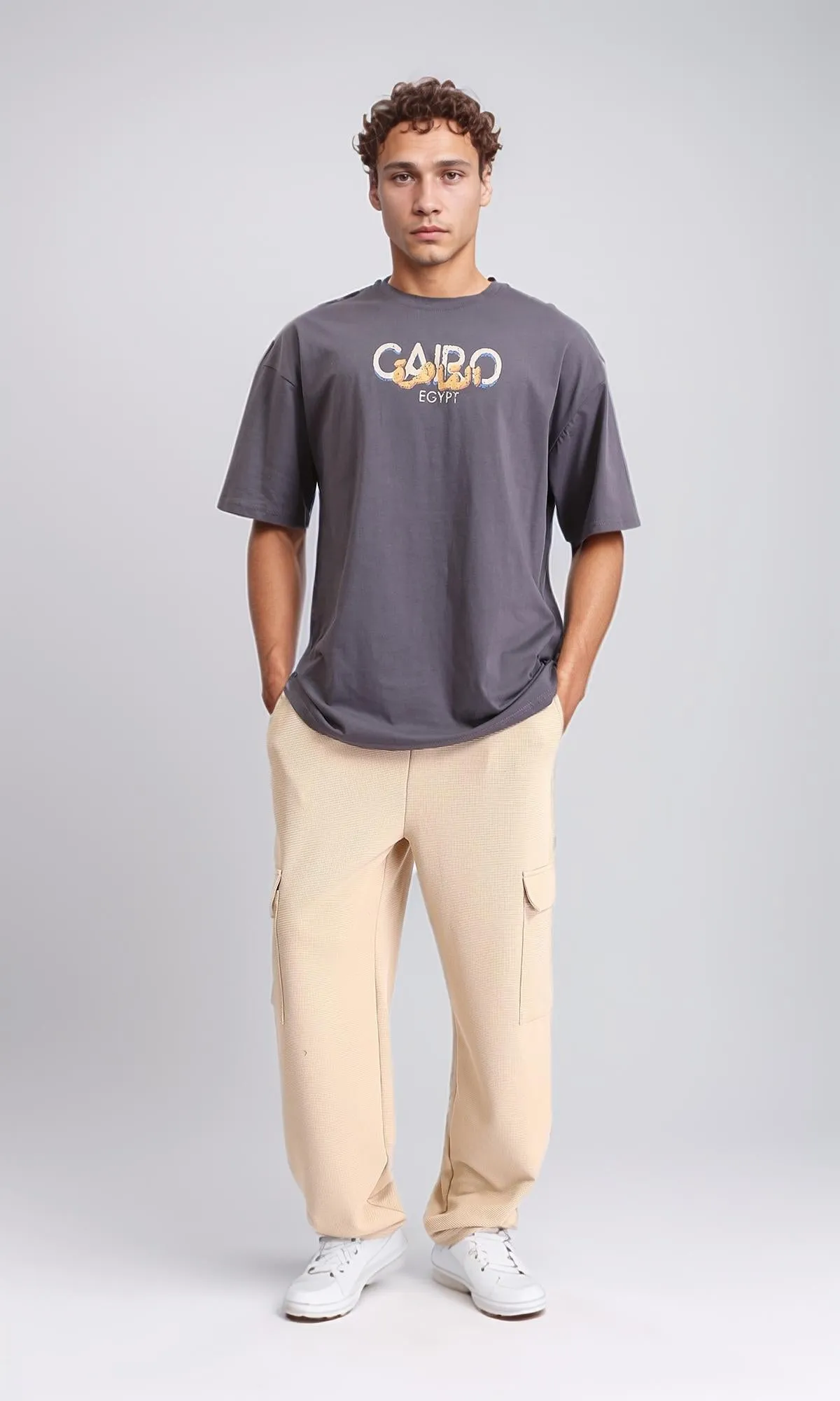 R207833 - "Cairo" Printed Elbow Sleeves Tee - Dark Grey