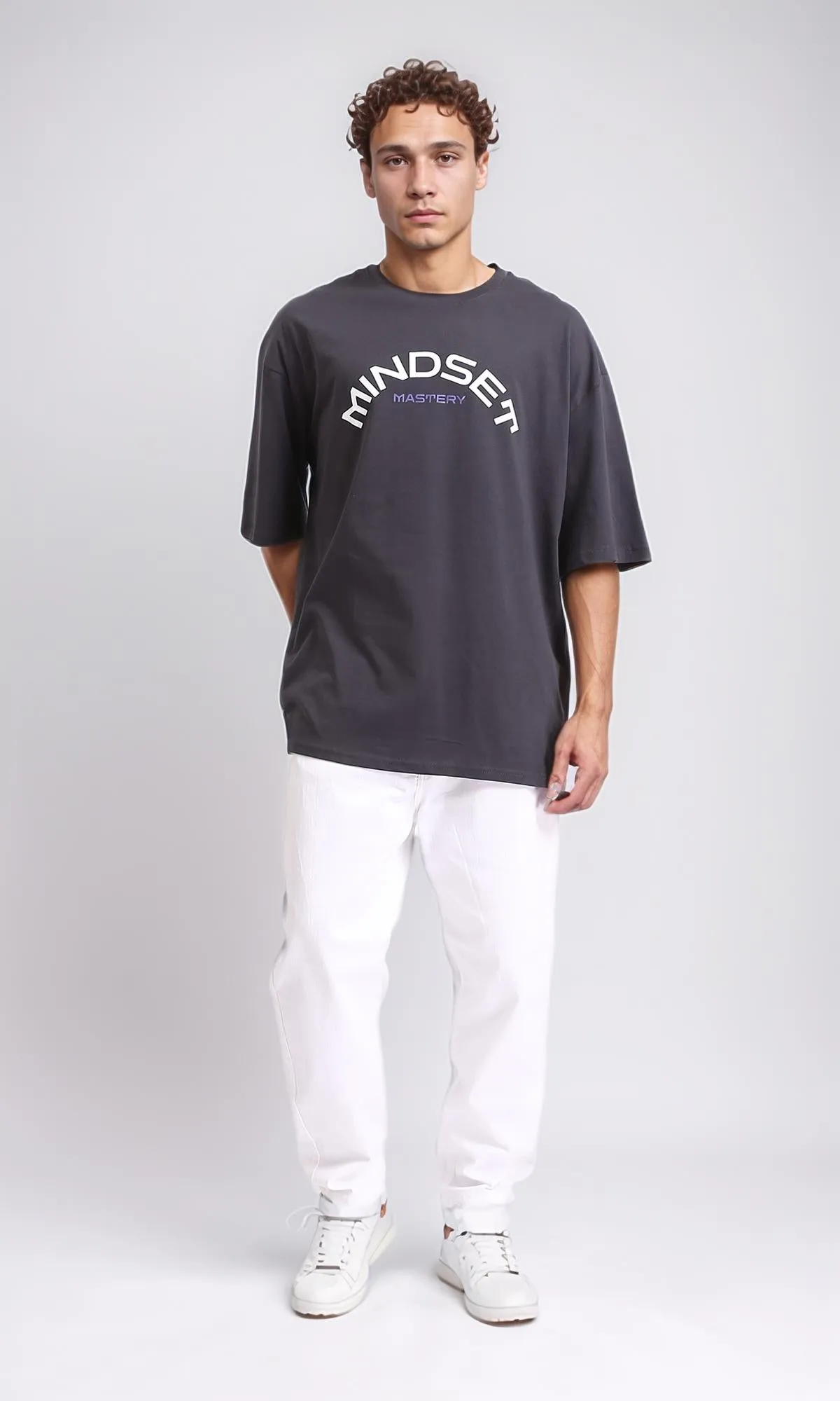 R207834 - Cotton"Mindset" Printed Loose Tee - Dark Grey