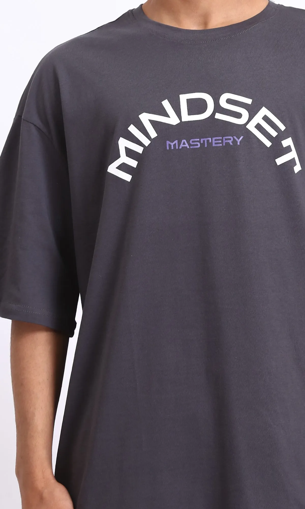 R207834 - Cotton"Mindset" Printed Loose Tee - Dark Grey