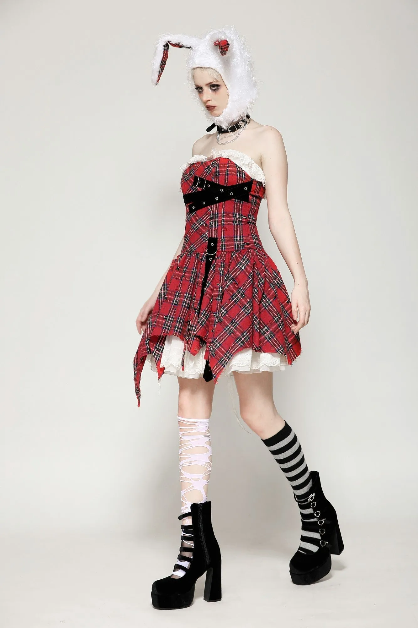 Red christmas distressed plaid dress DW1046