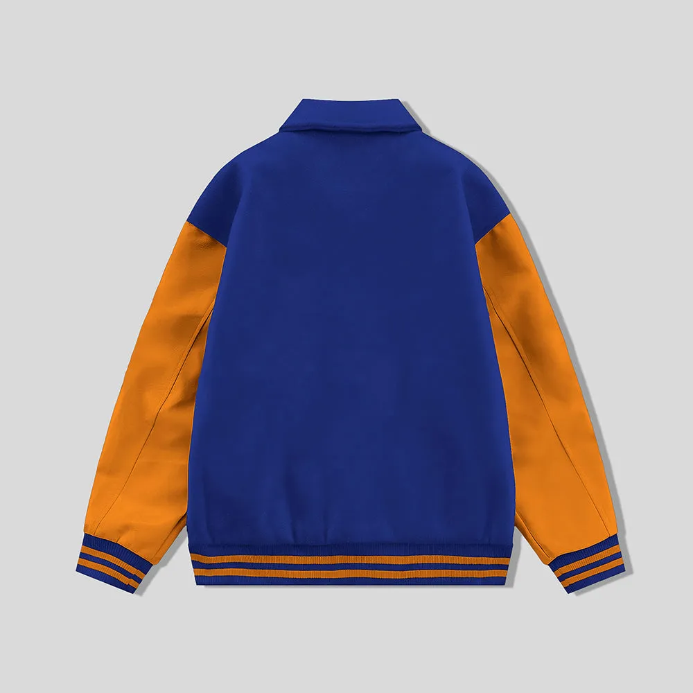 Royal Blue Byron Collar Wool & Leather Varsity Jacket Orange Sleeves - Jack N Hoods