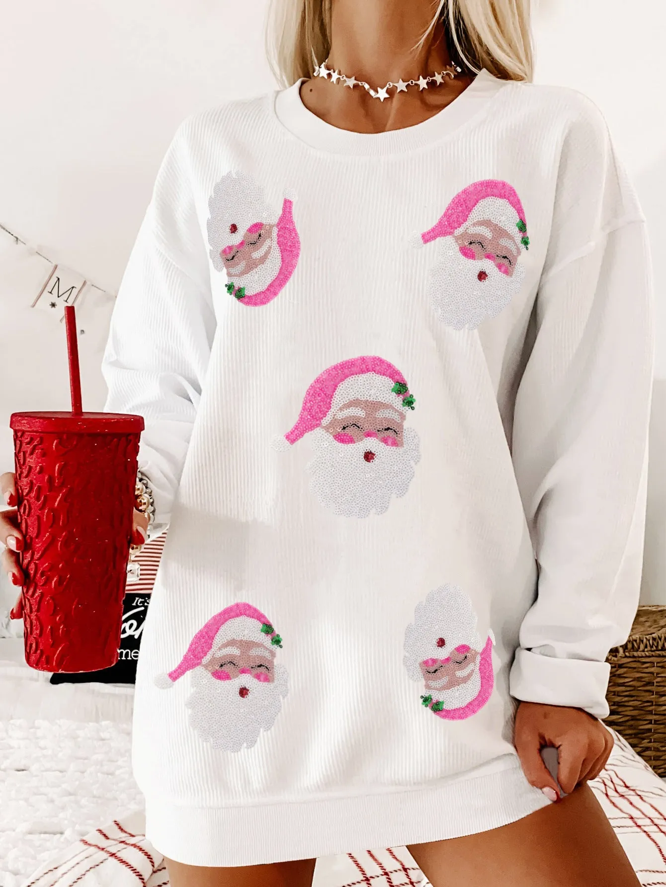 Santa Claus Sequin Loose Casual Long Sleeves Sweater