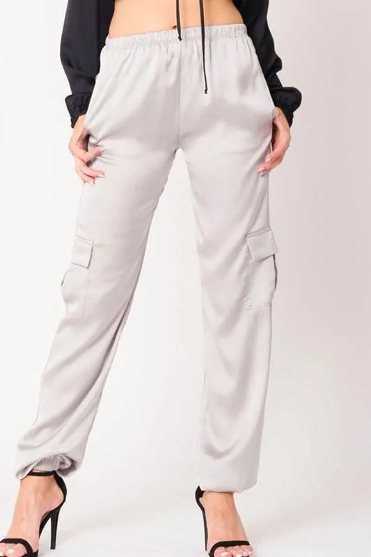 Satin Elastic Waist Solid Joggers