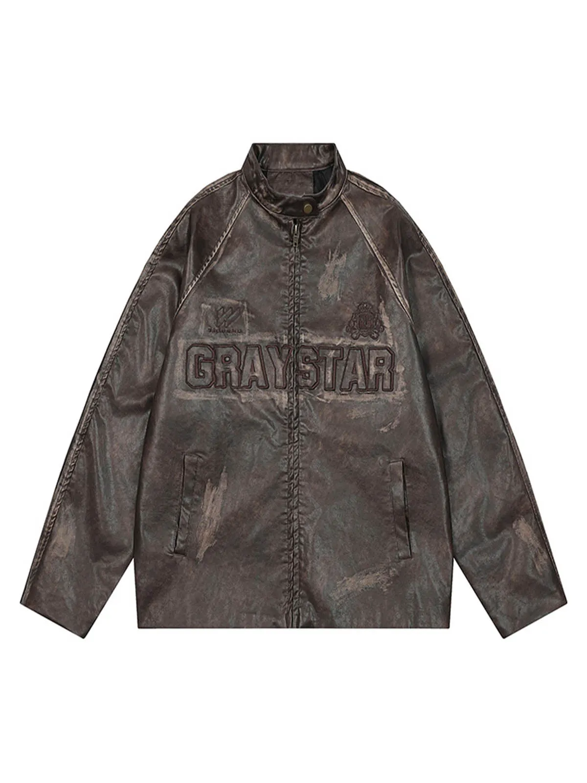 Thesupermade Distressed Letter Embroidery Motorcycle PU Leather Jacket