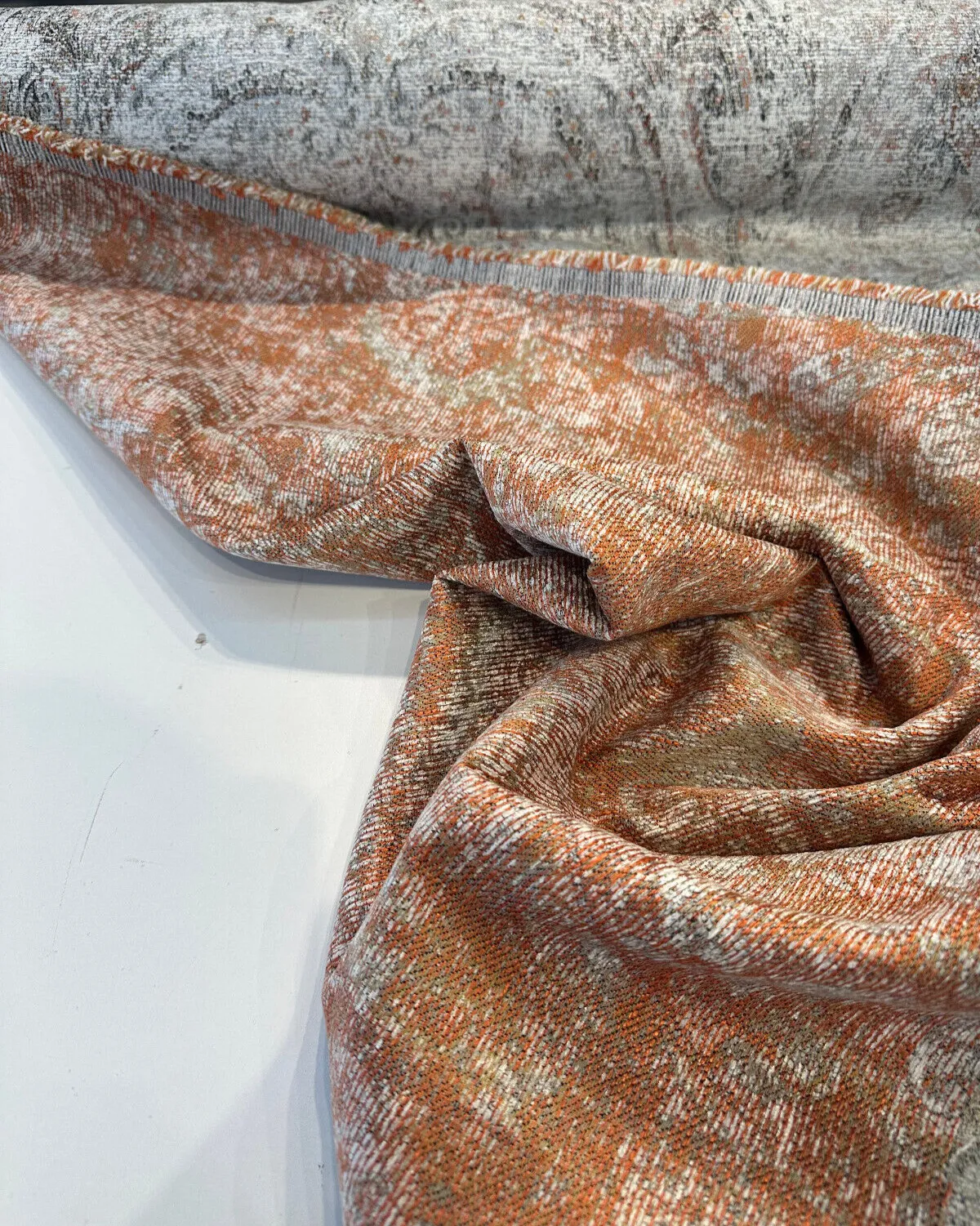 Upholstery Imogen Ember Orange Distressed Damask Swavelle Chenille Fabric By The Yard