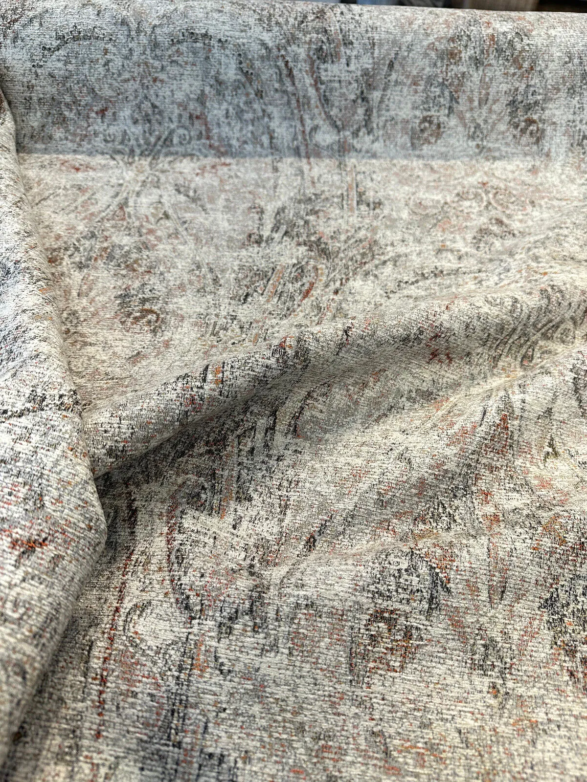 Upholstery Imogen Ember Orange Distressed Damask Swavelle Chenille Fabric By The Yard