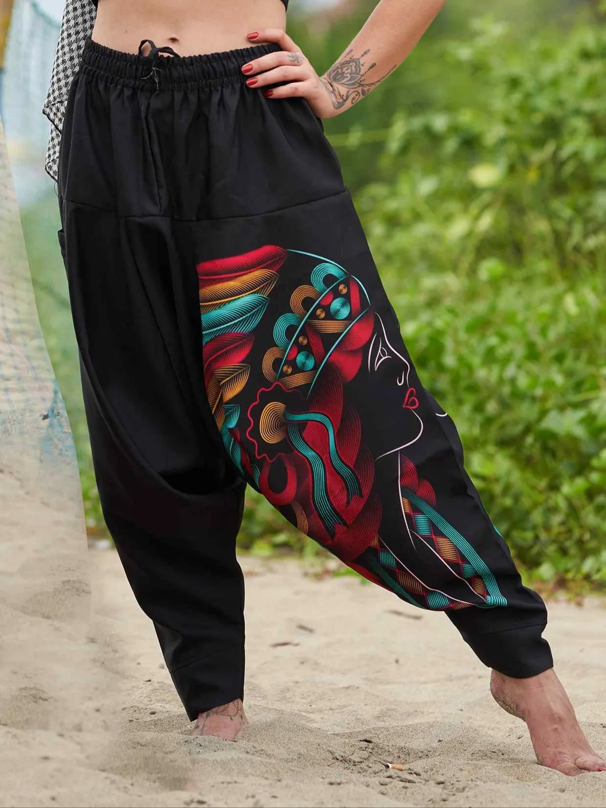 Women's Tribal Feather Hat Print Hippy Harem Pants For Dance Yoga Travel