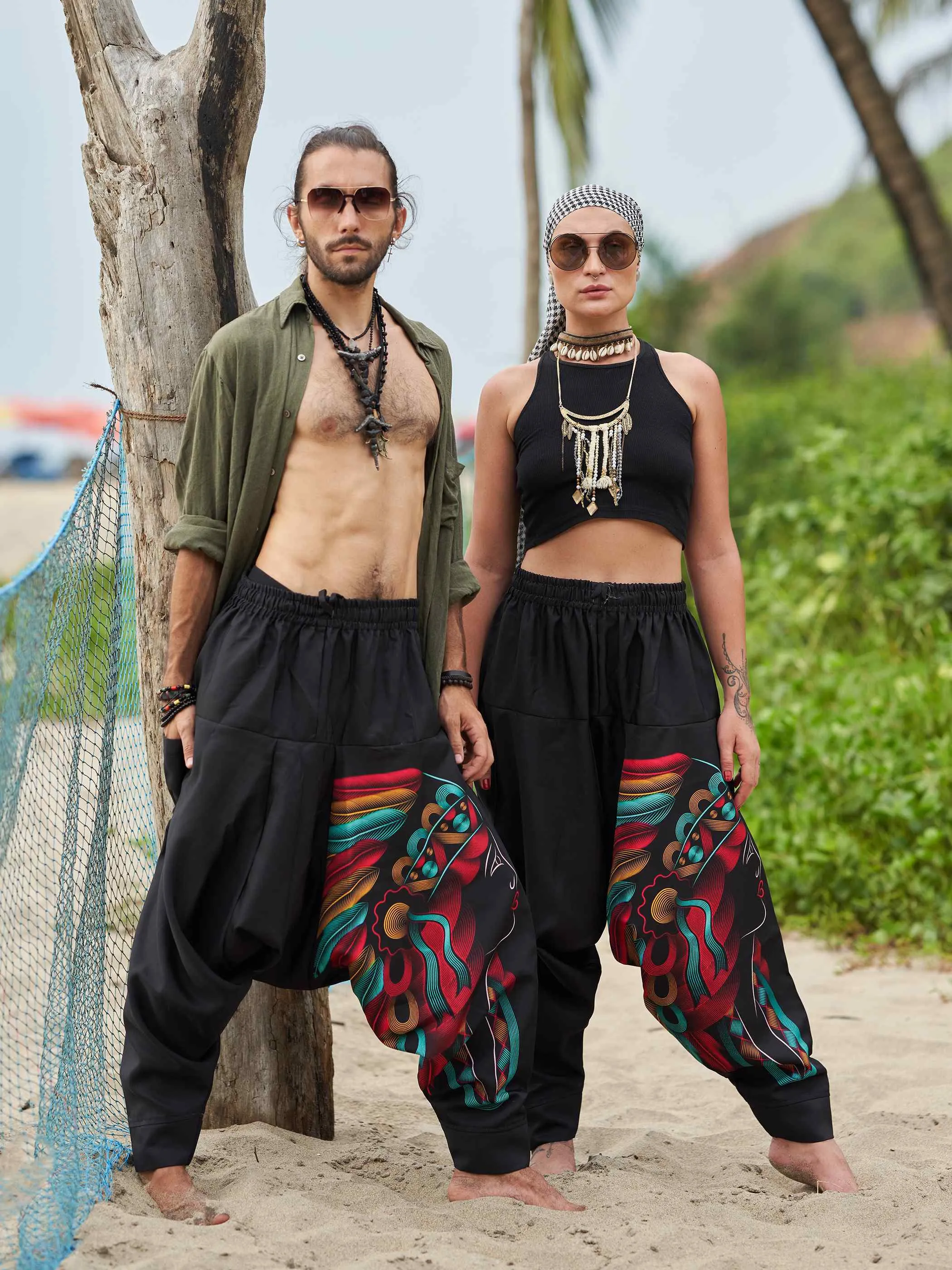 Women's Tribal Feather Hat Print Hippy Harem Pants For Dance Yoga Travel