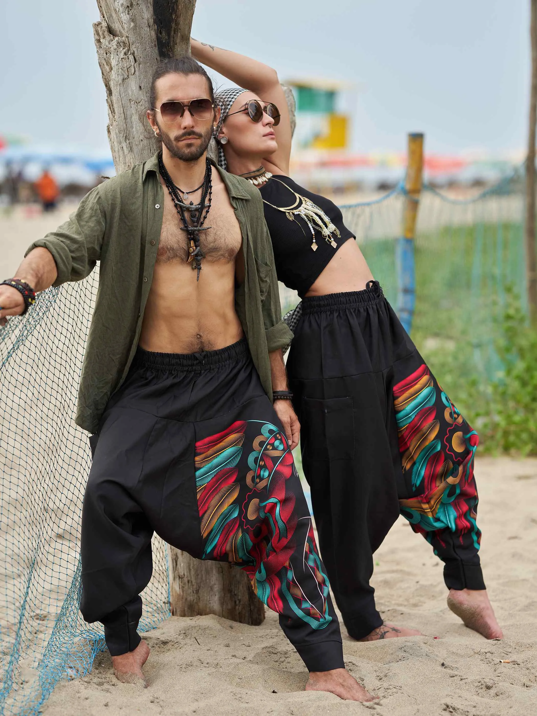 Women's Tribal Feather Hat Print Hippy Harem Pants For Dance Yoga Travel