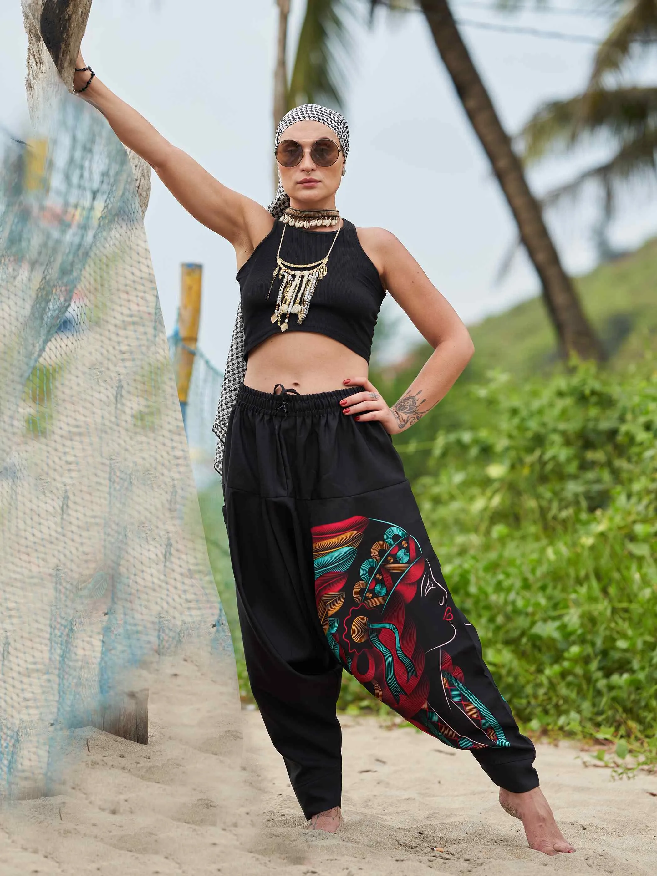 Women's Tribal Feather Hat Print Hippy Harem Pants For Dance Yoga Travel