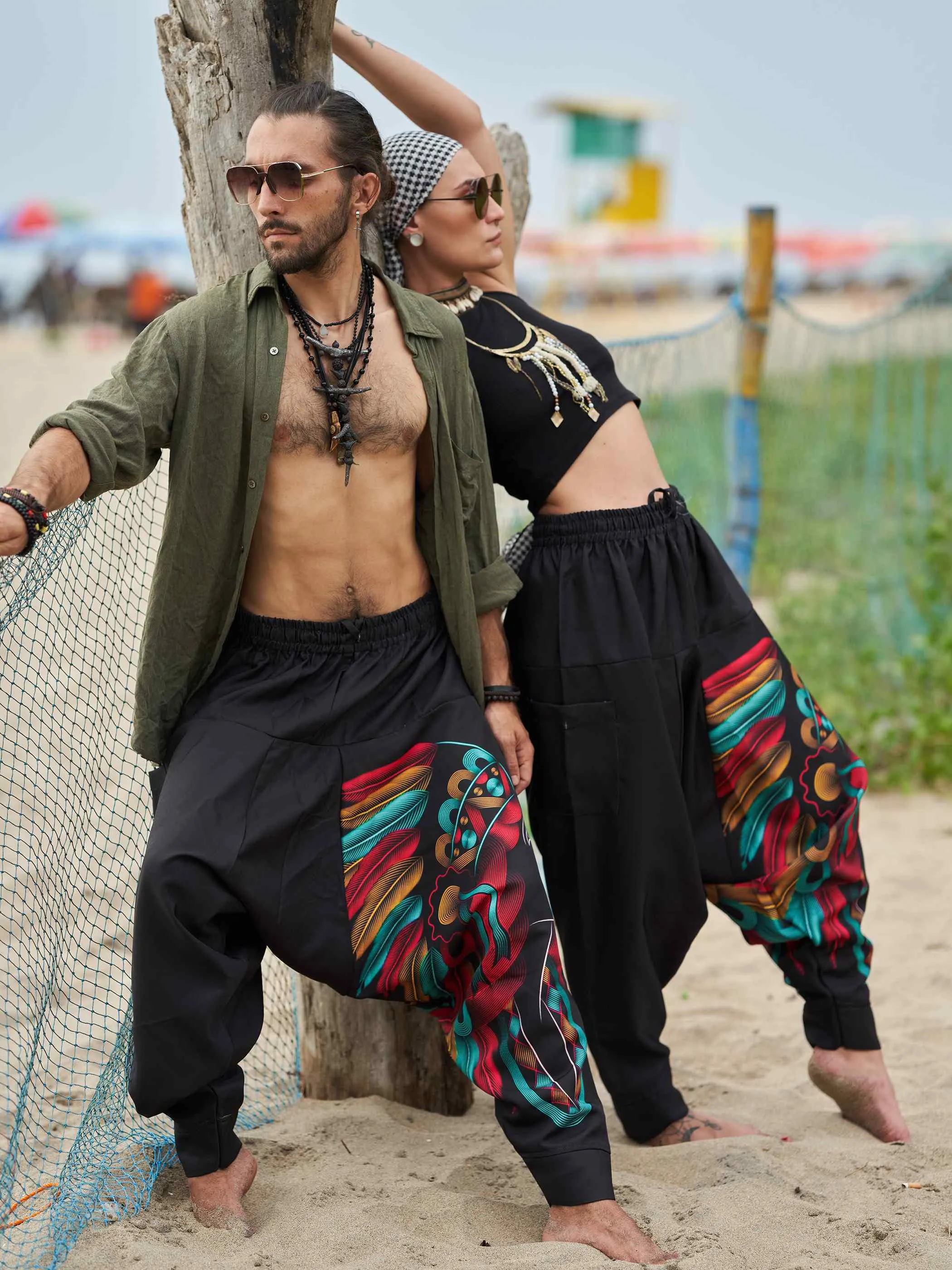 Women's Tribal Feather Hat Print Hippy Harem Pants For Dance Yoga Travel